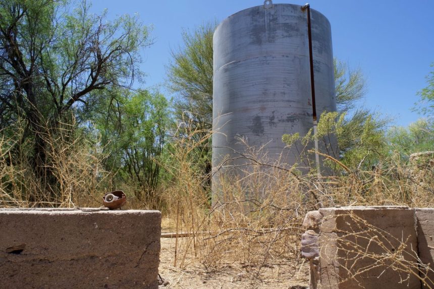 Caixa-d’água de concreto cercada por vegetação seca e árvores sob céu azul